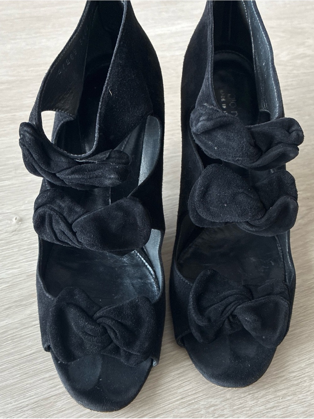 Sergio Rossi Black Suede Peep-Toe Heels with Triple Knot Bows